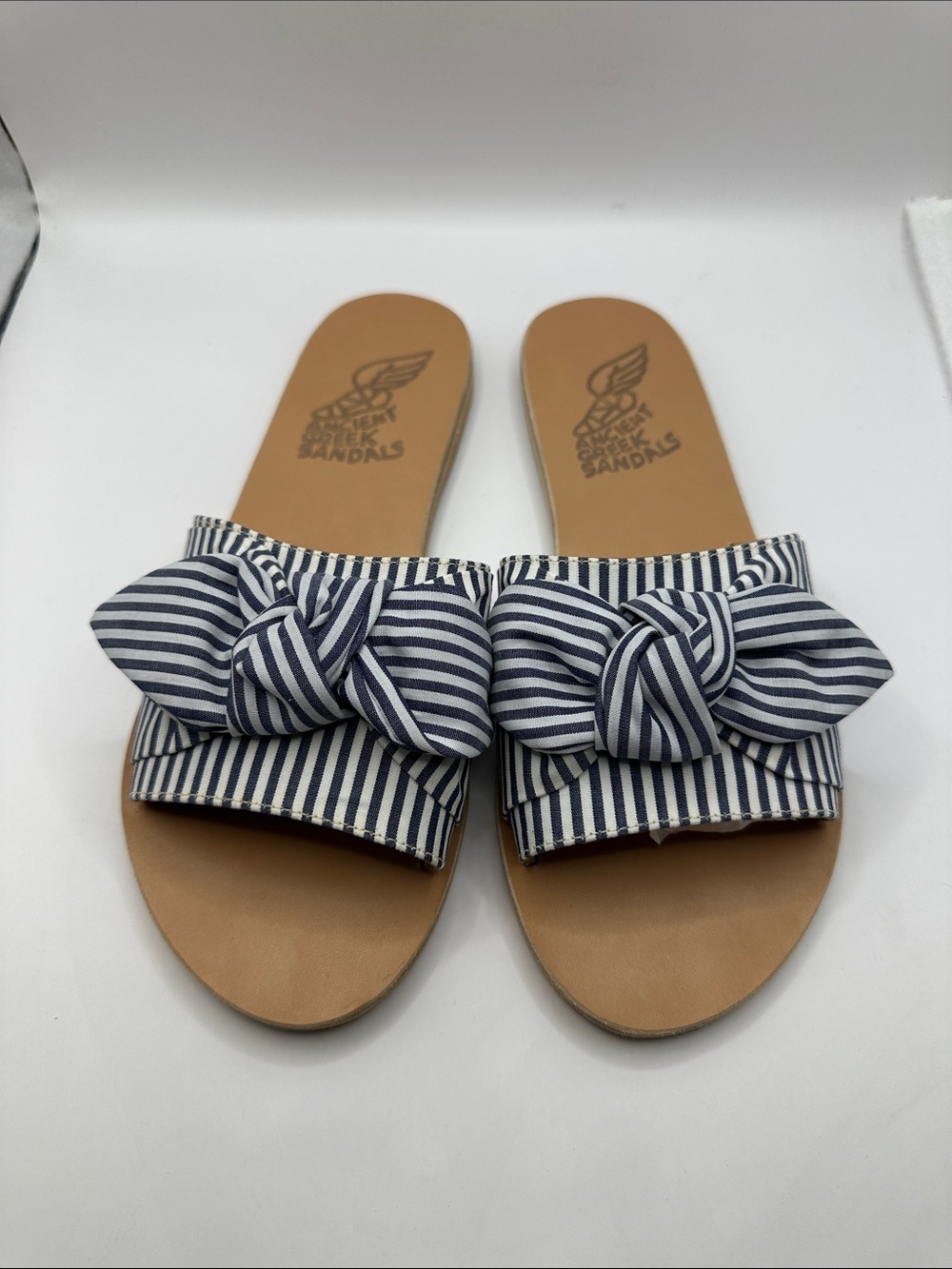 Ancient Greek Sandals Taygete Navy and White Striped Bow Slides